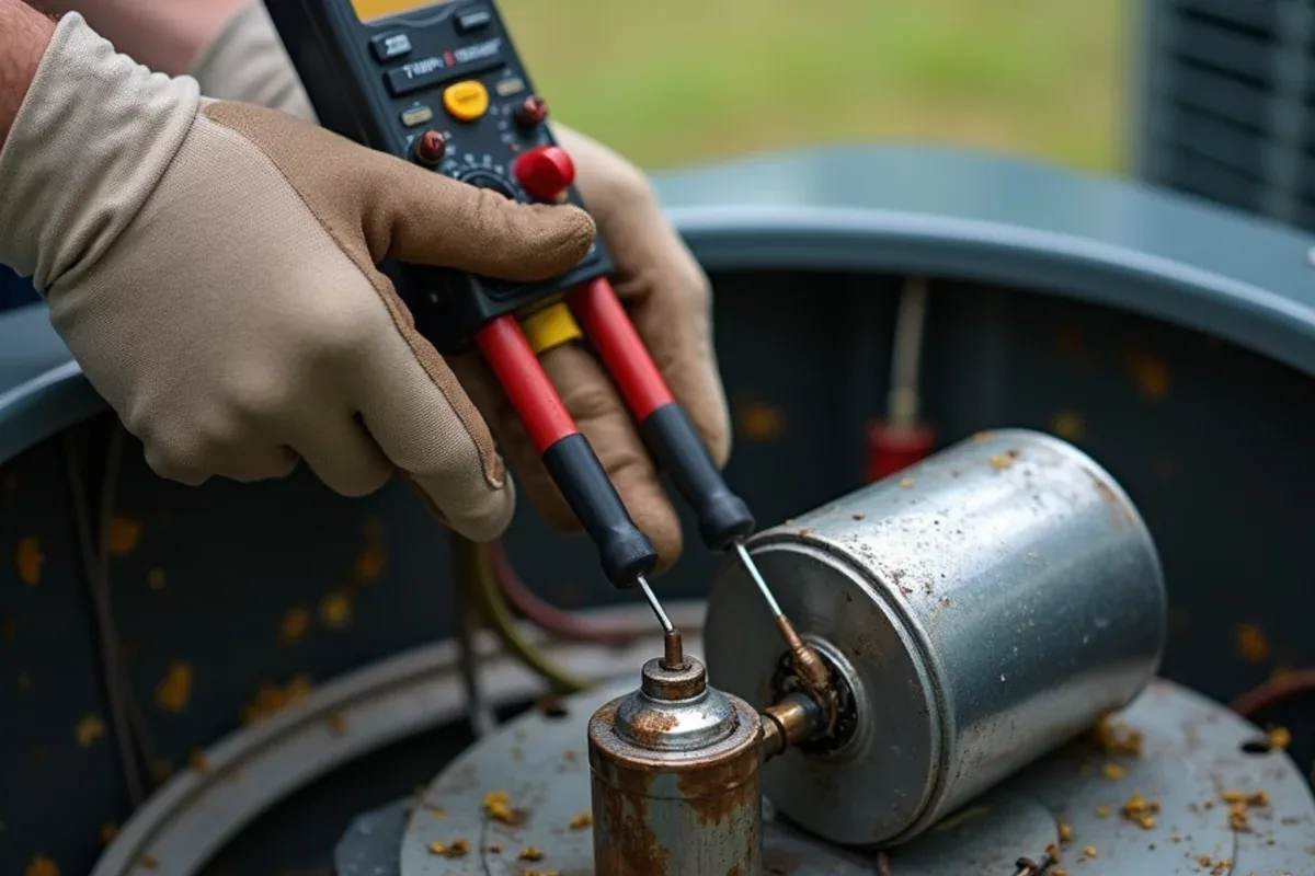 Technician testing a run capacitor inside an open AC condenser panel at a home in Matthews, NC