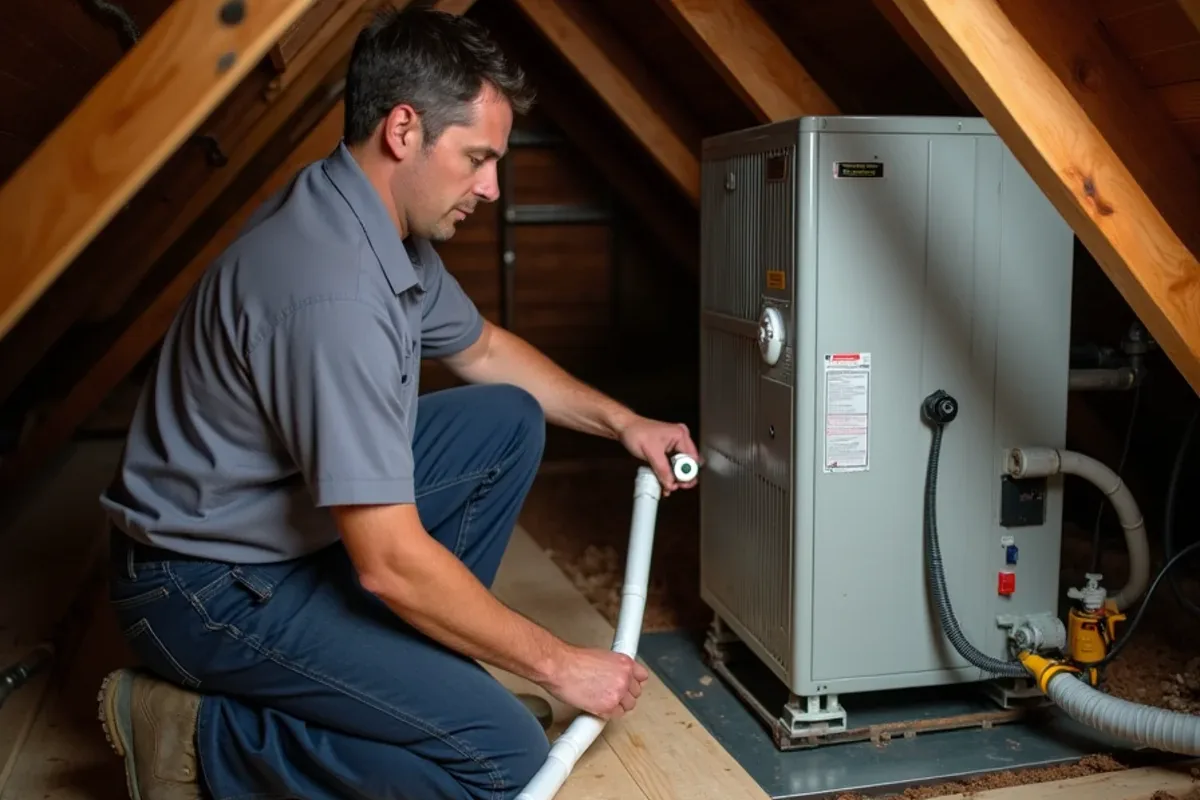 Technician clearing the PVC condensate drain on an attic air handler in a two-story home in Matthews, NC