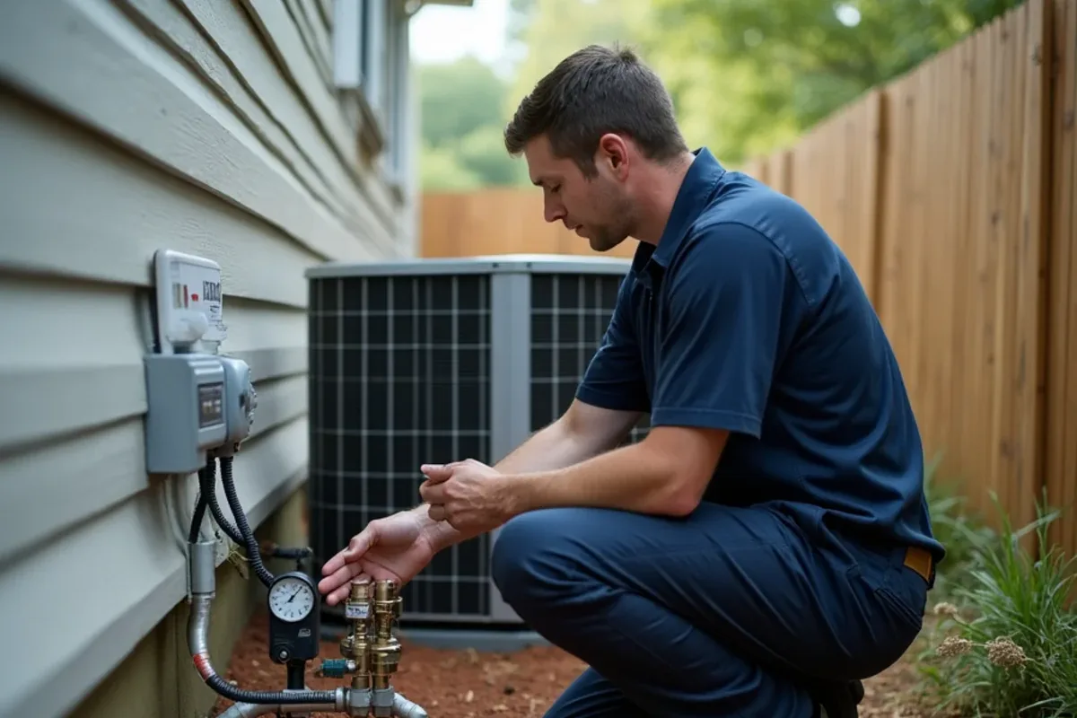 HVAC technician reading digital refrigerant gauges on an outdoor AC unit in a Matthews, NC side yard