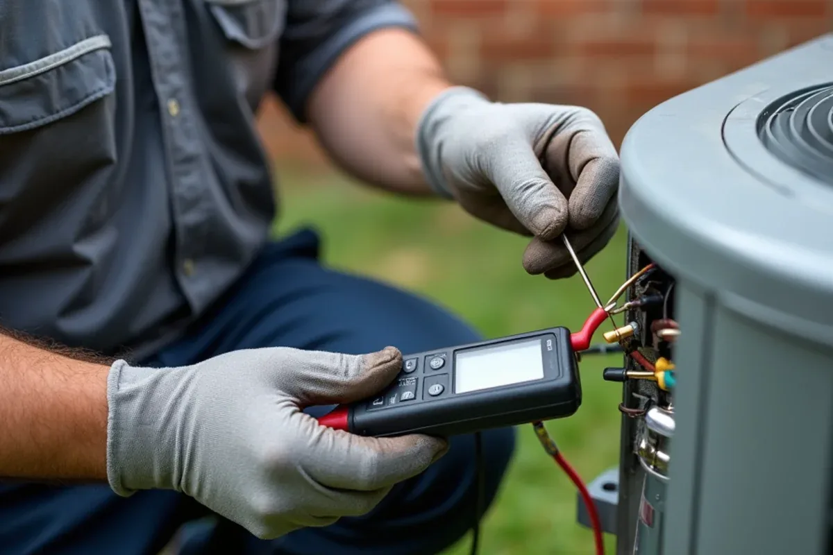Technician testing a run capacitor at an outdoor AC condenser during a repair visit in Matthews, NC