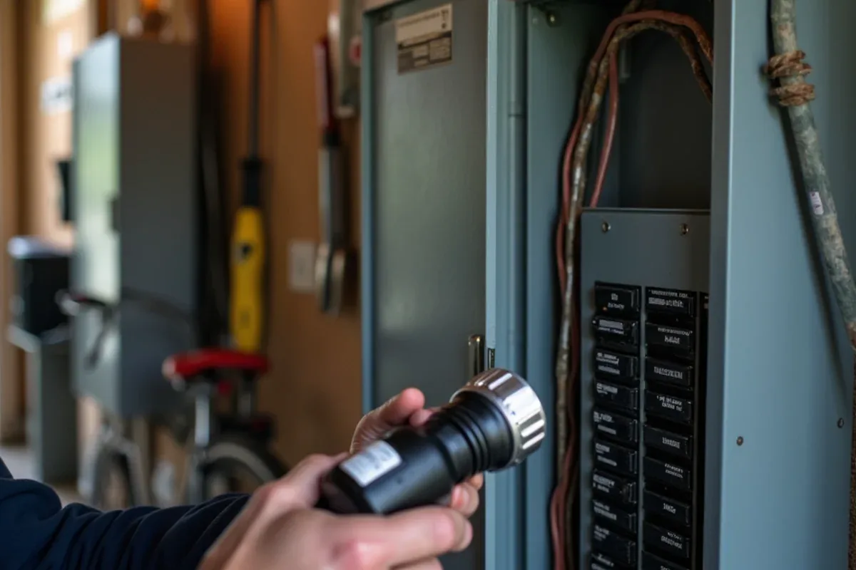Homeowner looking at a tripped AC breaker in a garage electrical panel in a Matthews, NC home