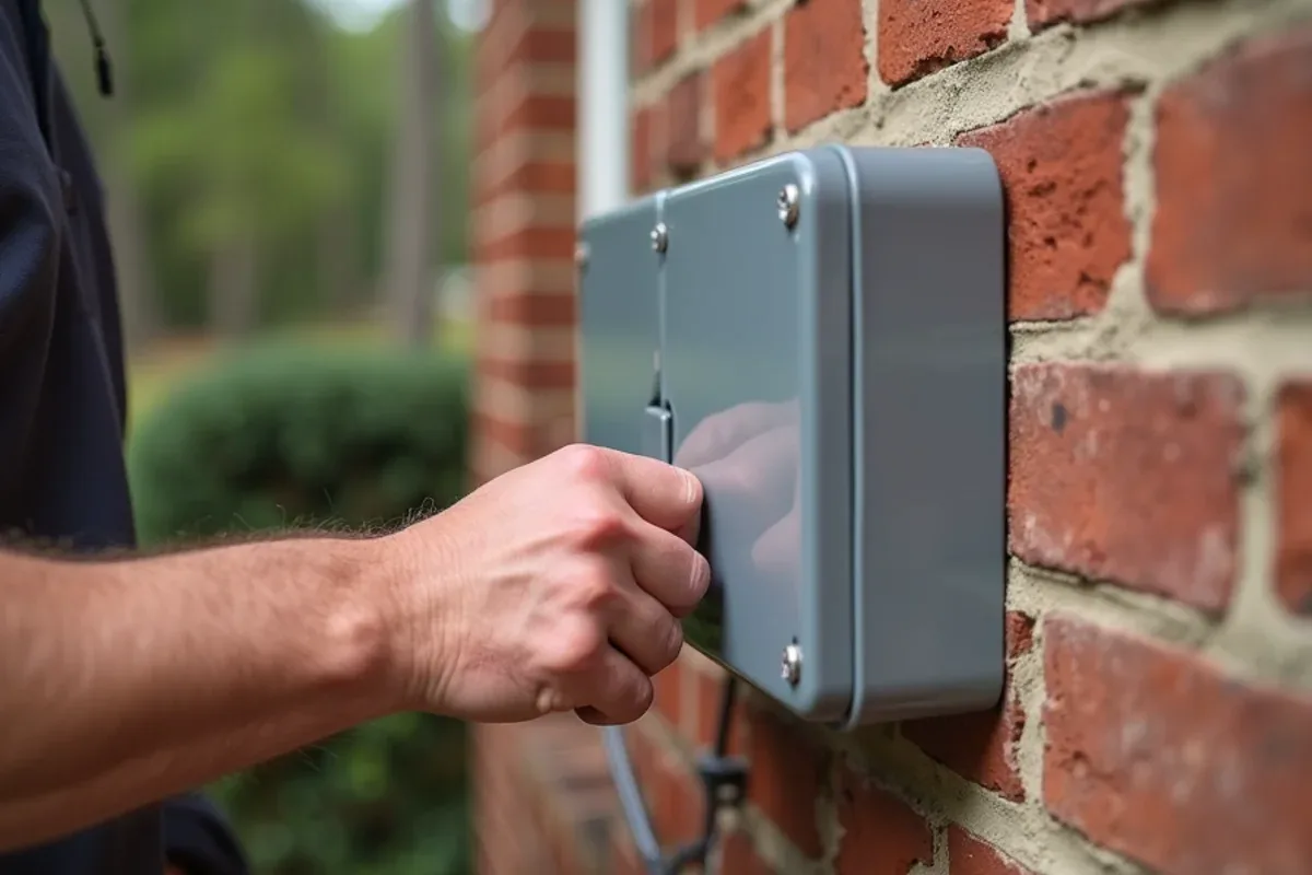 Gray outdoor AC disconnect box on the brick wall beside a condenser at a Matthews, NC home