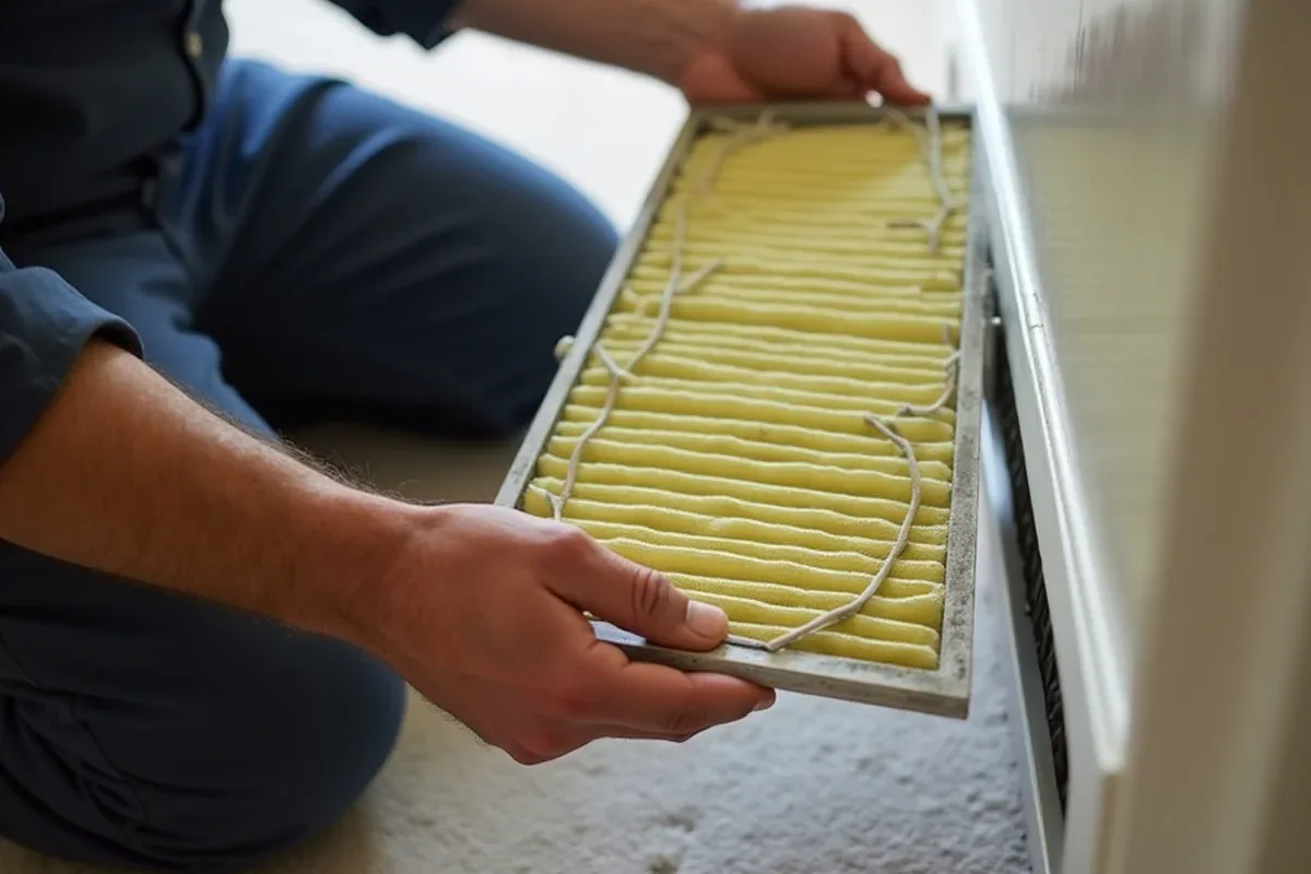 Pollen-clogged pleated air filter held next to a clean filter at a return grille in a Matthews-area home