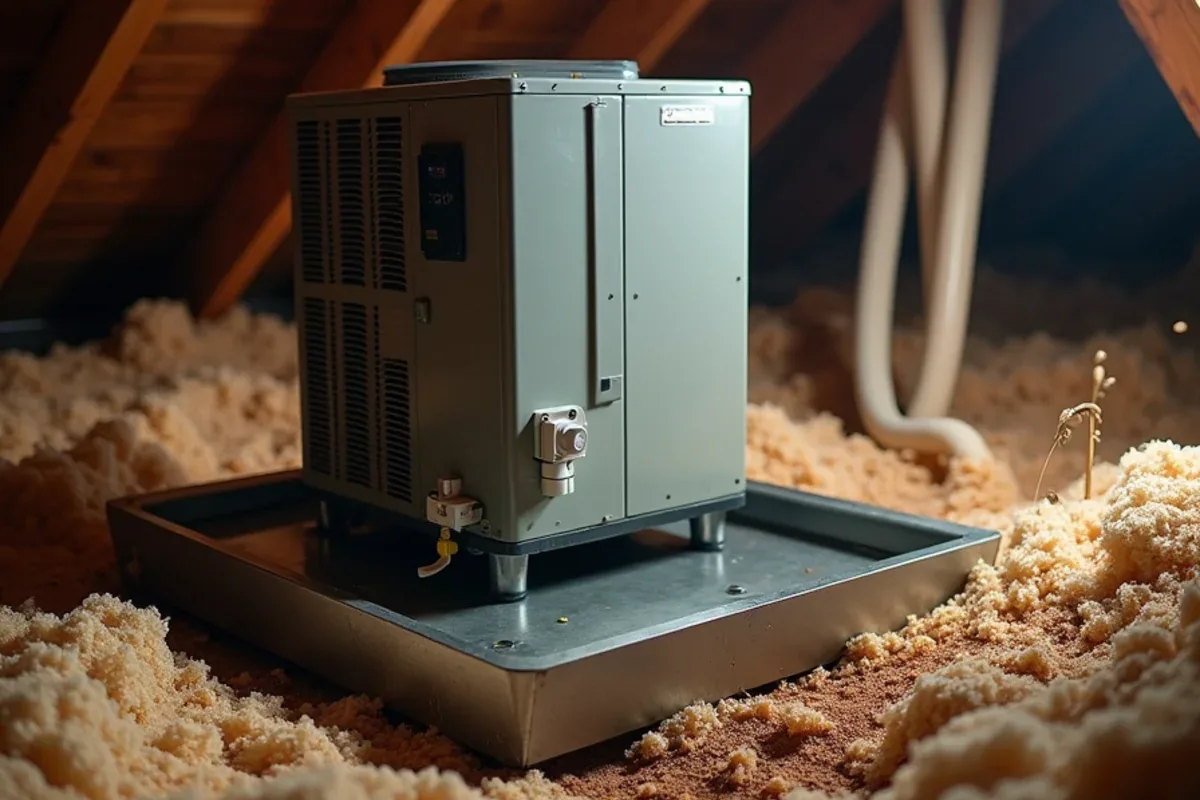 Float switch clipped to a water-filled secondary drain pan under an attic air handler in a Matthews-area home