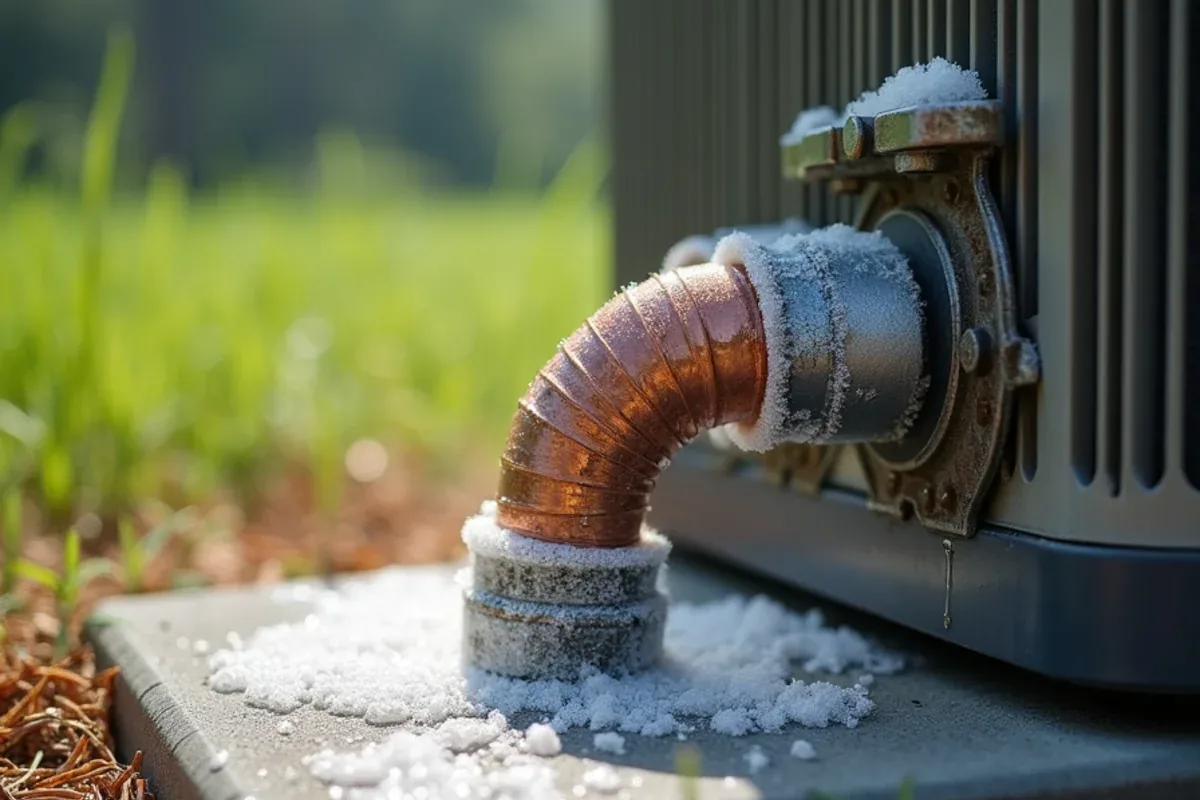 Ice-covered insulated copper suction line entering an outdoor AC unit at a Matthews, NC home in summer