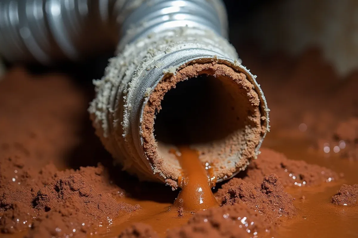 Condensation dripping from a supply duct over red clay soil in a vented crawl space in Monroe, NC
