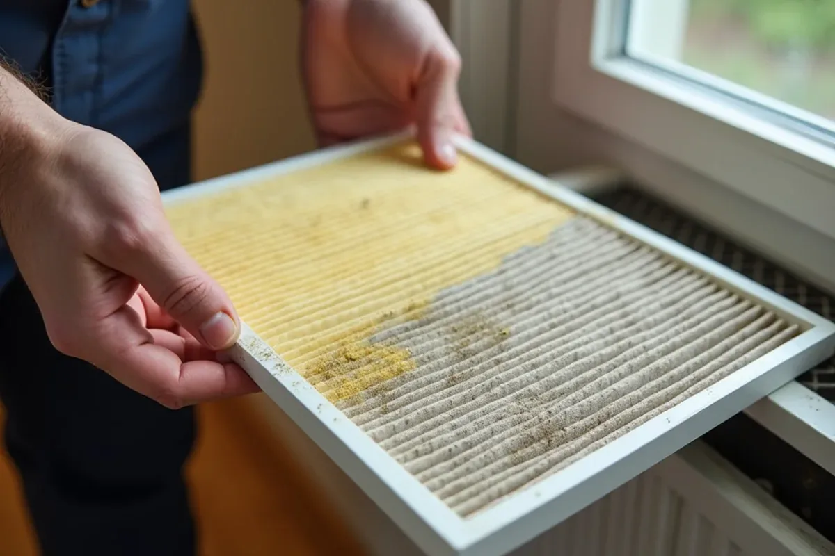 Homeowner replacing a pollen-coated air filter at a hallway return grille in a Matthews, NC home