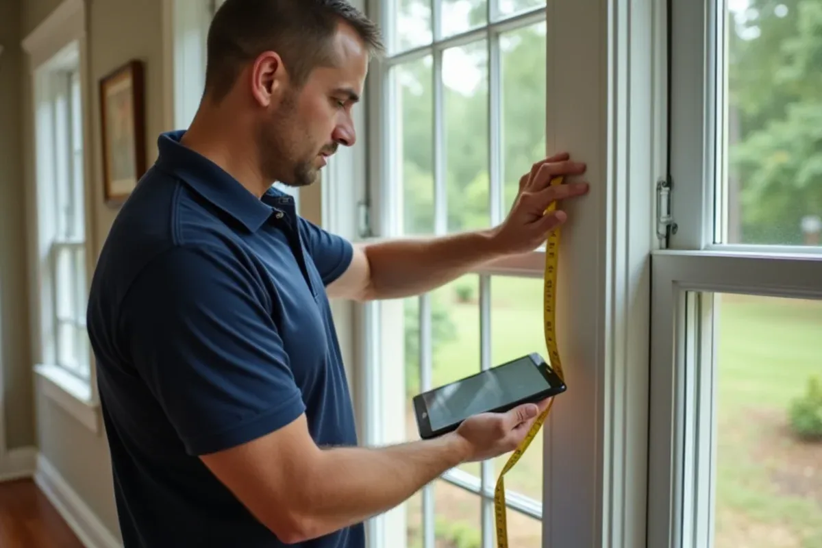 HVAC technician measuring a window for a Manual J load calculation in a two-story home in Weddington, NC