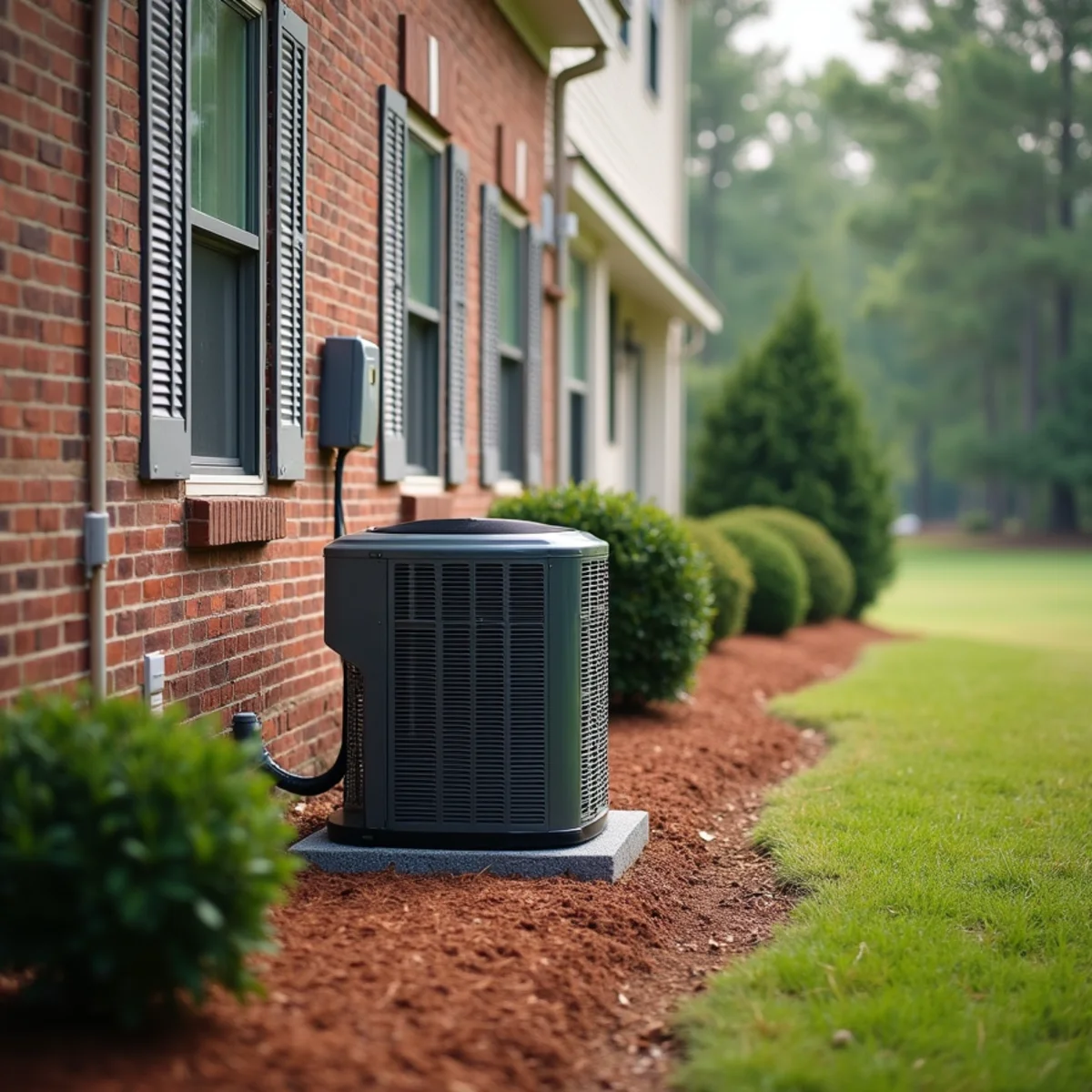 Newly installed heat pump outdoor unit on a pad beside a brick two-story home in Weddington, NC