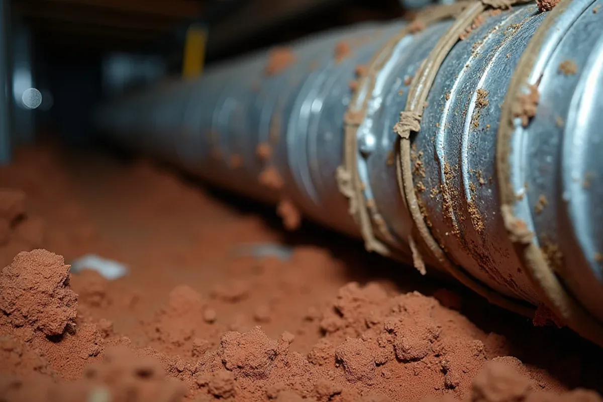 Rusted metal trunk line and sagging flex duct over damp red clay in a crawl space in Matthews, NC