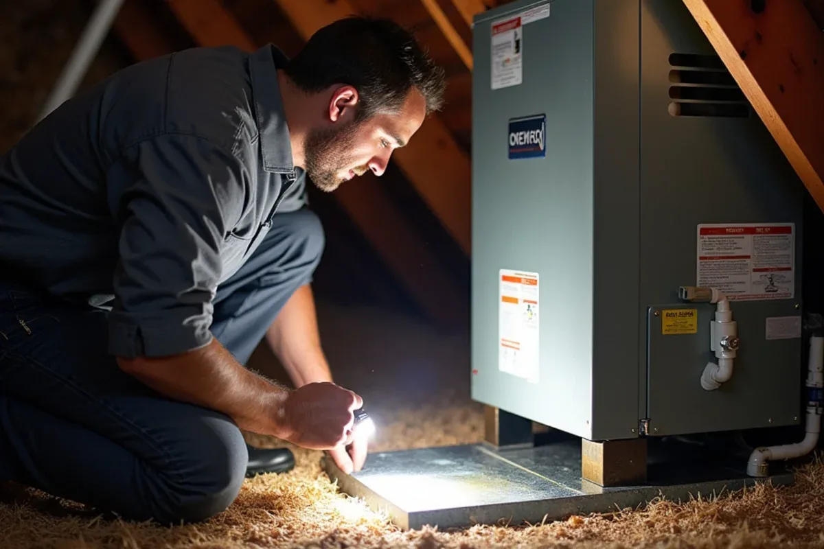 Technician checking an overflowing drain pan and float switch under an attic air handler in a two-story Matthews, NC home