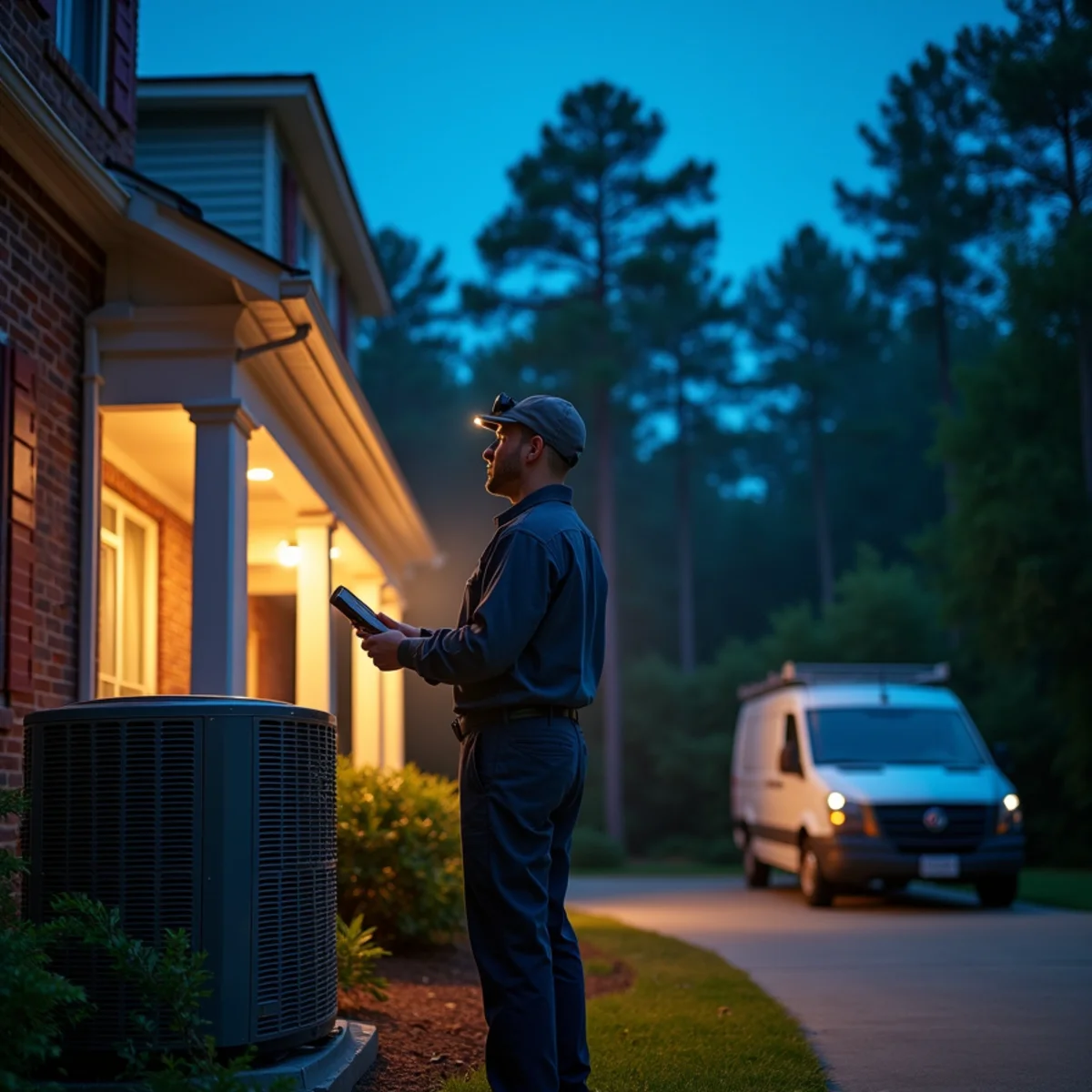 HVAC technician with a headlamp testing an outdoor AC unit at night beside a two-story brick home in Matthews, NC