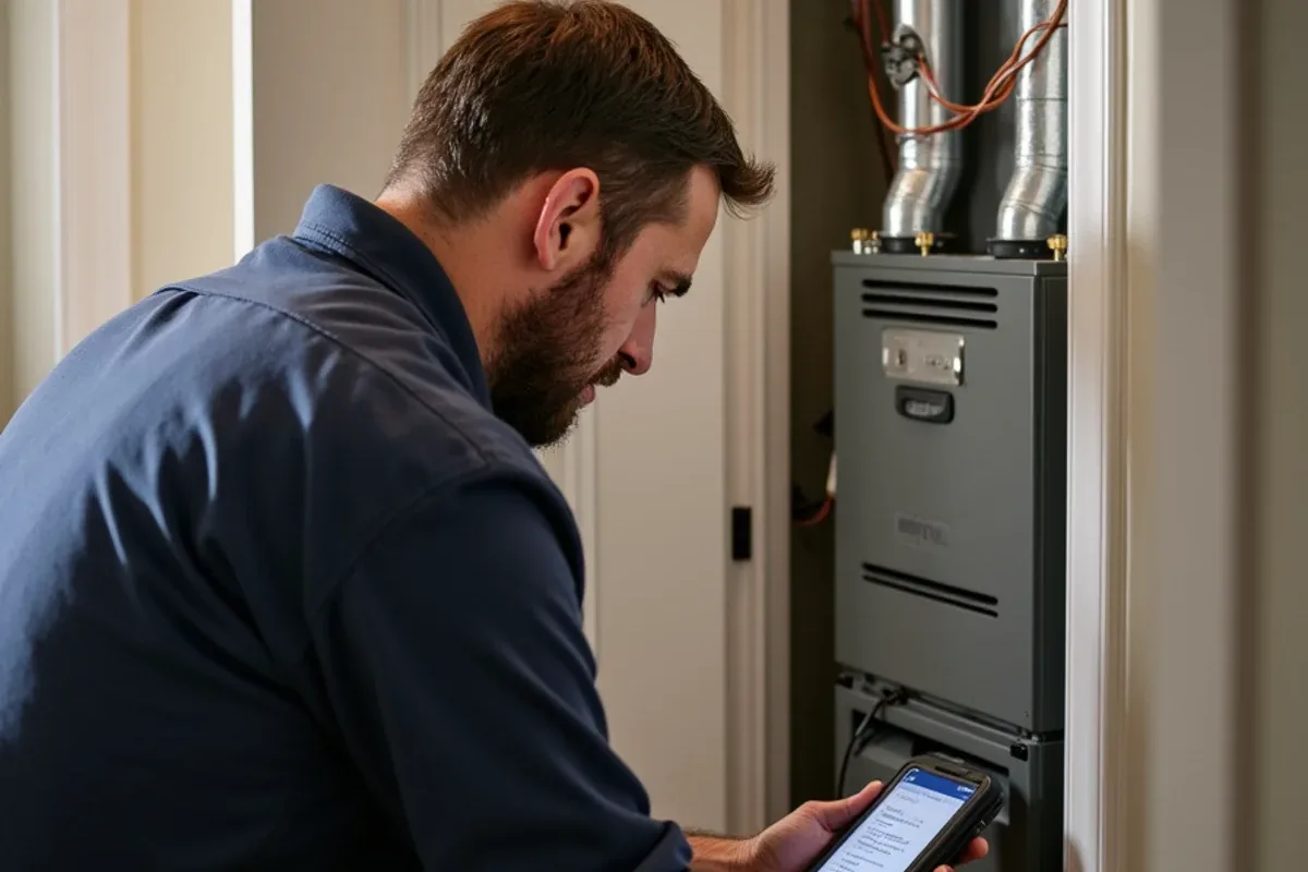 Technician using an inspection camera on a gas furnace heat exchanger in a Matthews, NC home