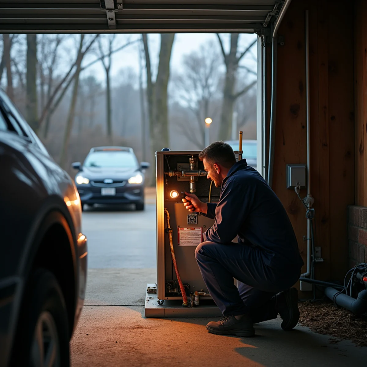 HVAC technician inspecting a gas furnace in the garage of a two-story home in Matthews, NC