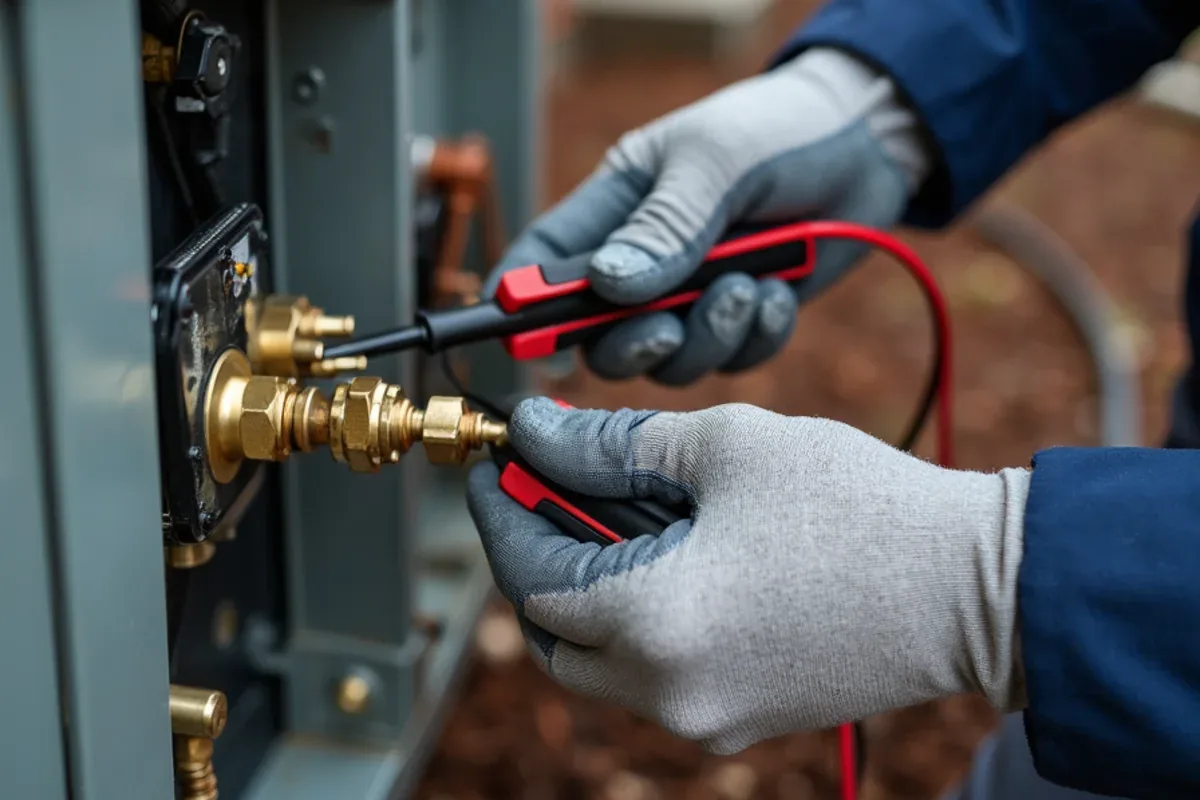 Technician testing the reversing valve solenoid inside an open heat pump outdoor unit in Matthews, NC