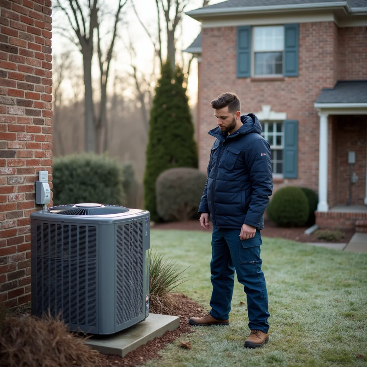 HVAC technician checking a heat pump outdoor unit beside a two-story brick and vinyl home in Matthews, NC on a frosty morning