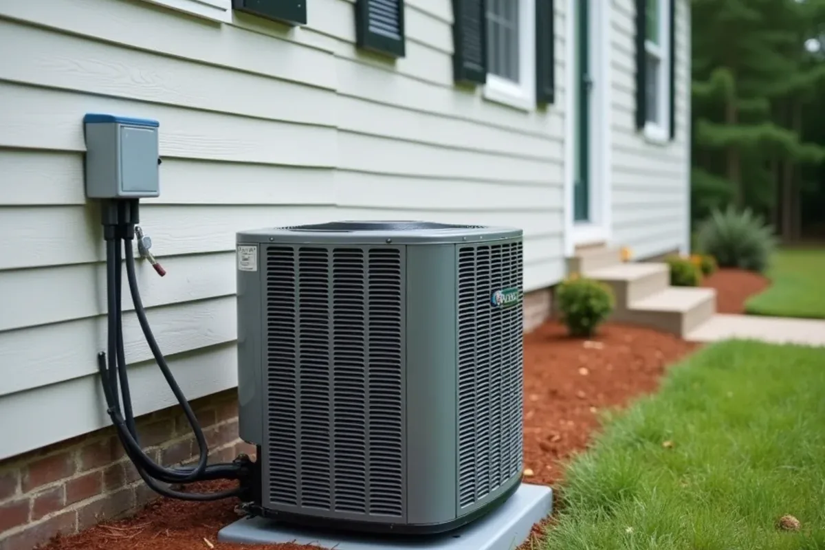 Newly installed heat pump condenser with insulated line set and electrical disconnect on the side of a 1990s two-story home in Matthews, NC