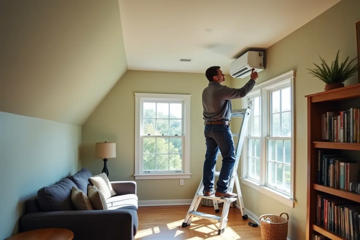 Ductless mini-split indoor head mounted on the wall of a finished bonus room over the garage in a Matthews, NC home