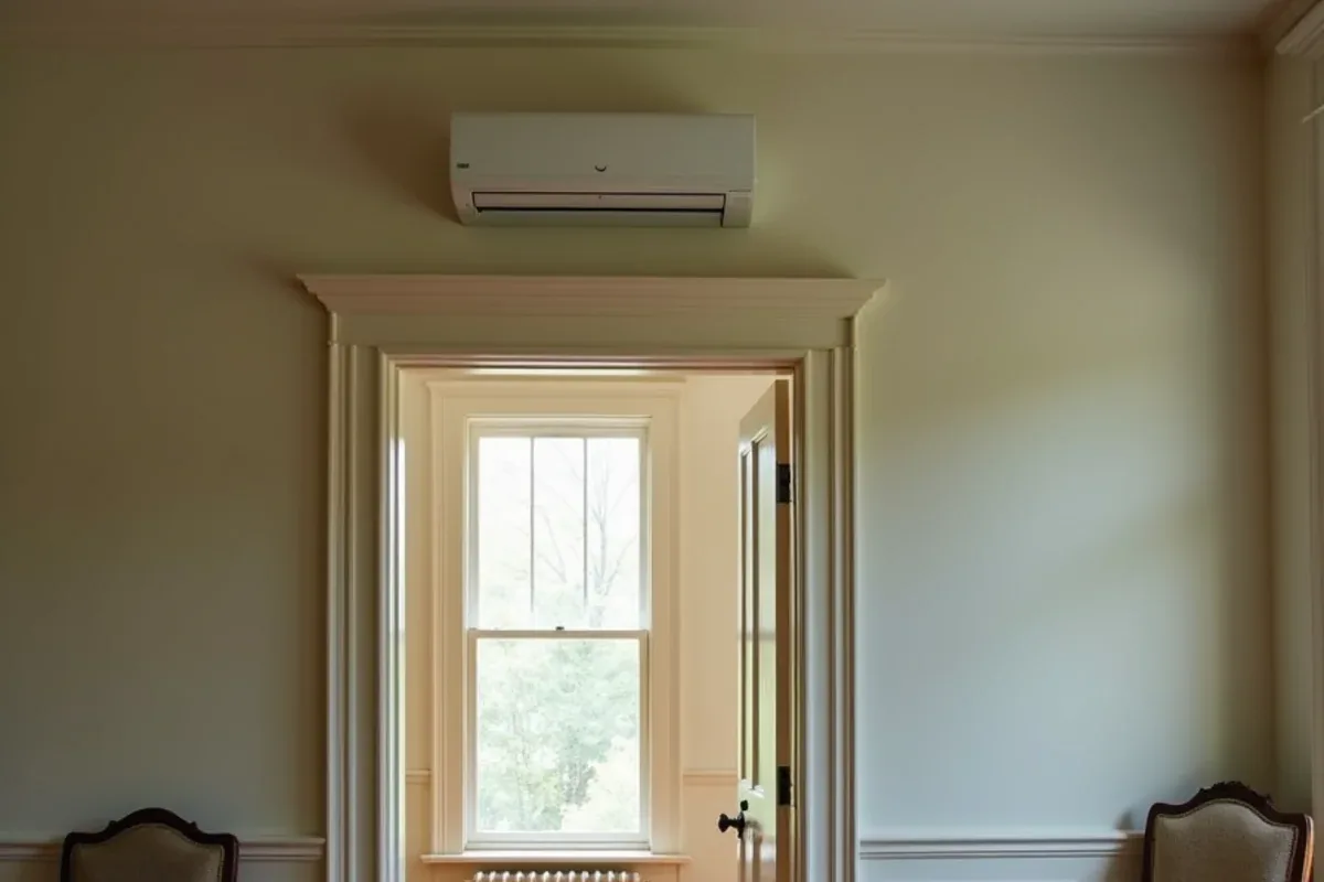 Ductless mini-split head mounted above a doorway in a historic Monroe, NC home with plaster walls and tall trim
