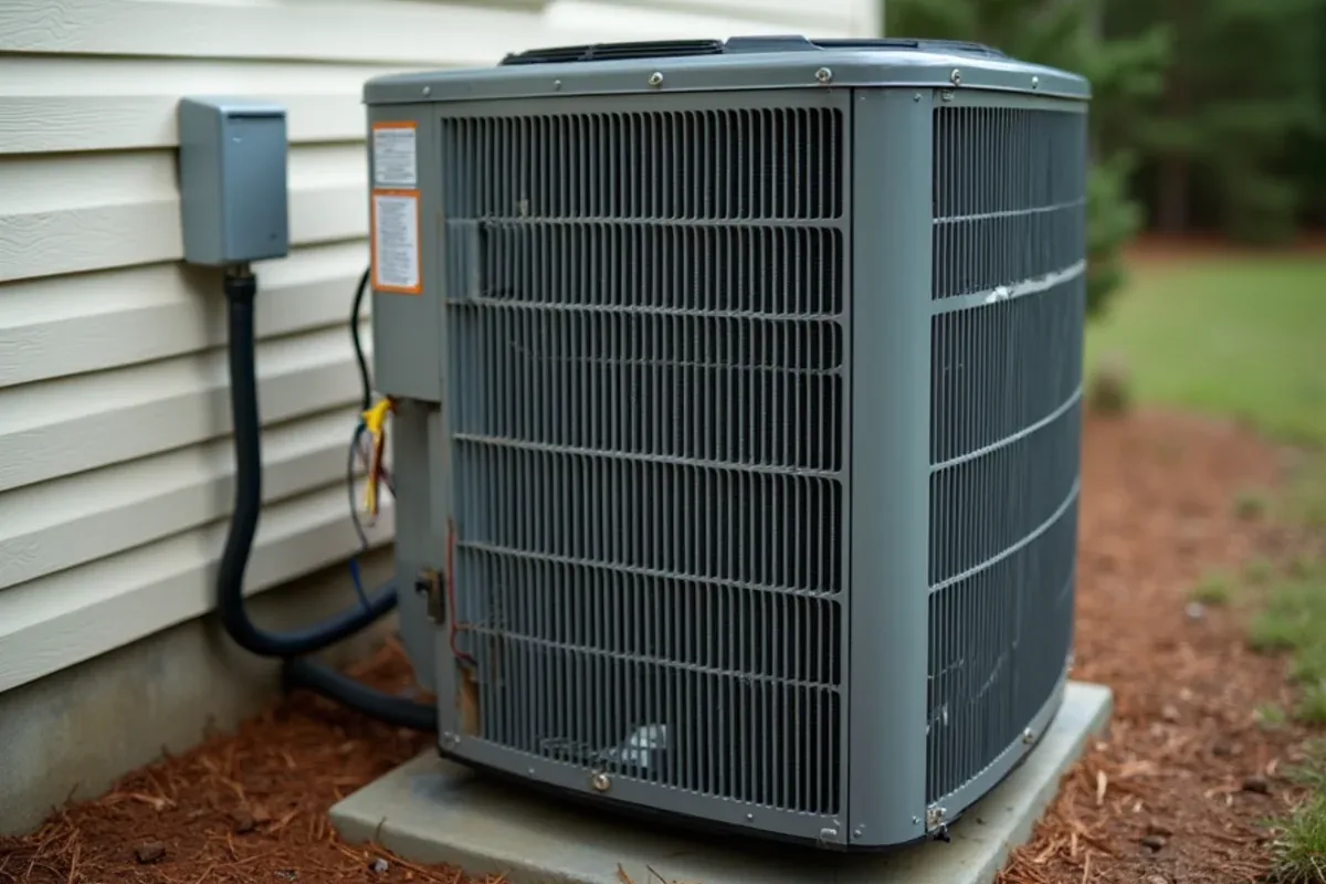 Original builder-installed heat pump condenser beside a 2000s subdivision home in Stallings, NC