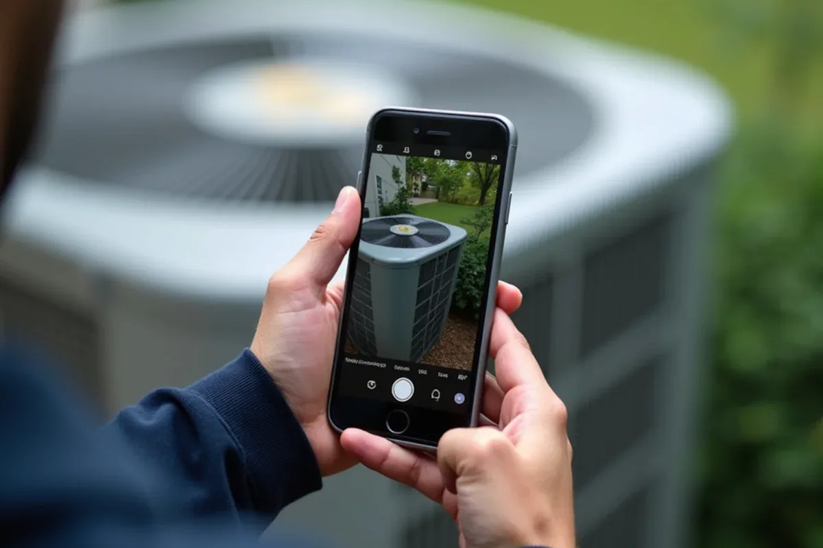 Technician photographing the data plate on a heat pump to check warranty status at a Waxhaw, NC home