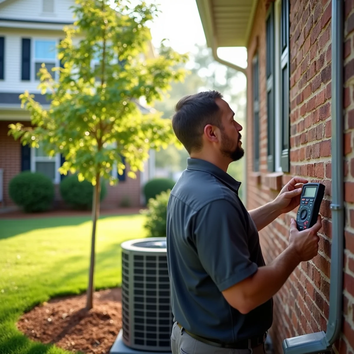 HVAC technician testing a heat pump beside a 2010s two-story home in Waxhaw, NC