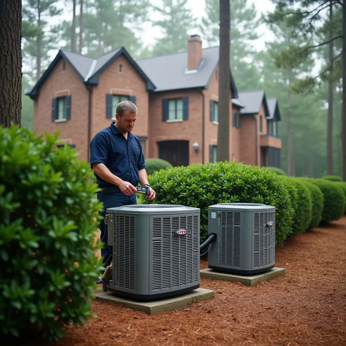 HVAC technician checking one of two outdoor condensers beside a large brick home in Weddington, NC