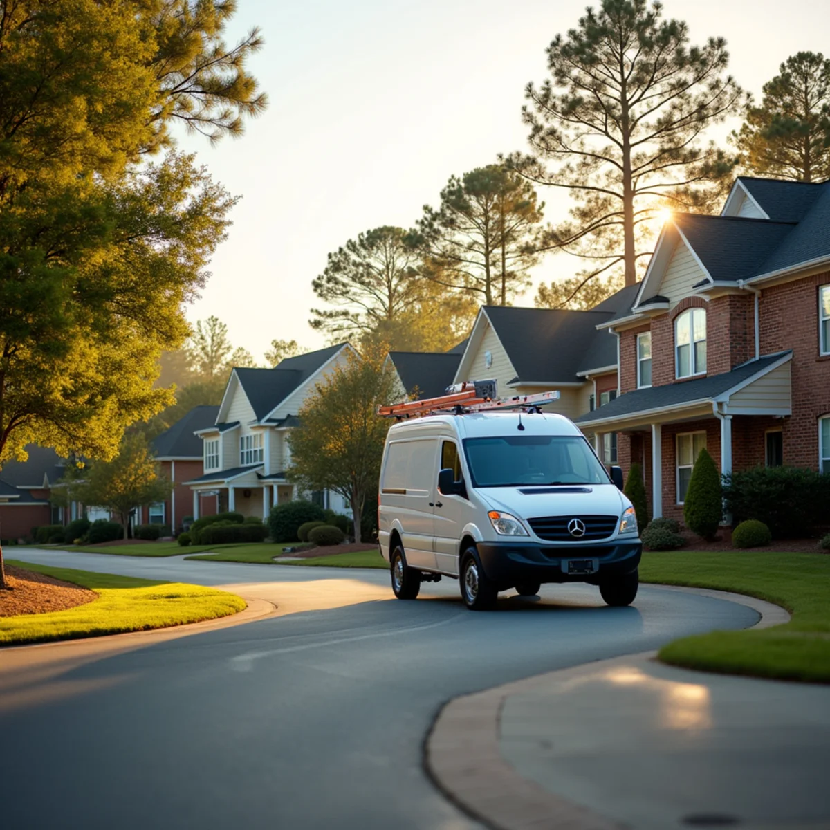Unmarked HVAC service van on a tree-lined subdivision street near Matthews, NC